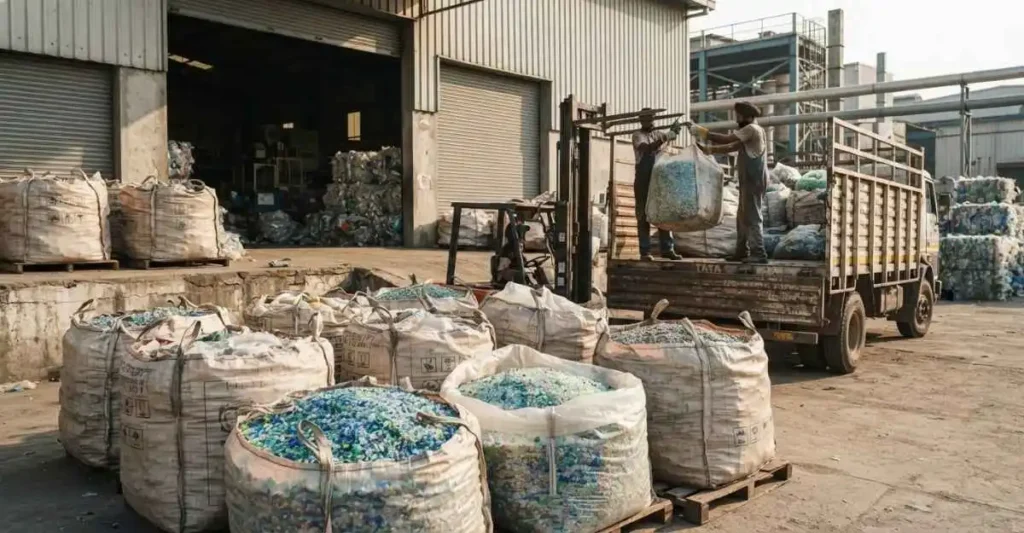 भारतीय उद्यमी प्लास्टिक रीसाइक्लिंग प्लांट का निरीक्षण करते हुए