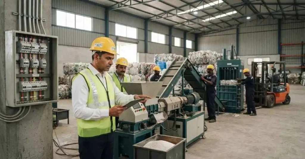 भारतीय प्लास्टिक रीसाइक्लिंग मशीन में प्लास्टिक ग्रेन्यूल्स तैयार करते कर्मचारी