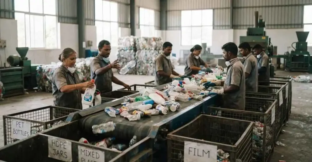 भारतीय प्लास्टिक रीसाइक्लिंग प्लांट में प्लास्टिक कचरे की प्रोसेसिंग