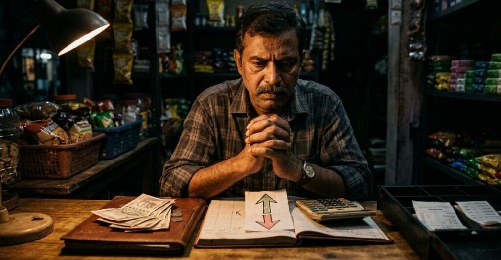दुकान में बैठा चिंतित दुकानदार profit और खर्च का हिसाब देखते हुए