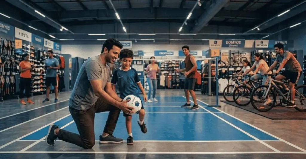 Young customer testing bicycle inside modern sports retail store