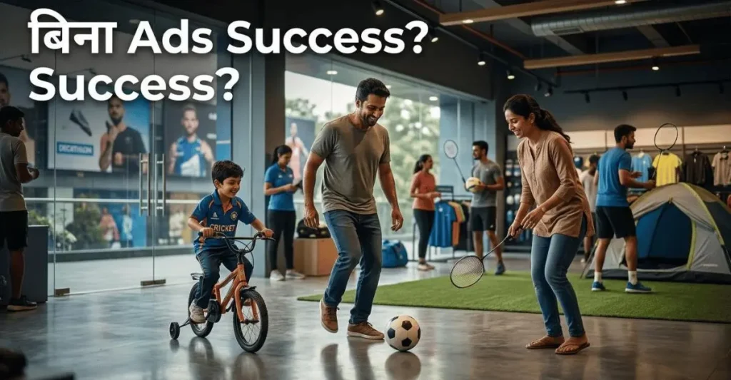 Indian family experiencing sports products inside a modern Decathlon style store showing experience based marketing strategy