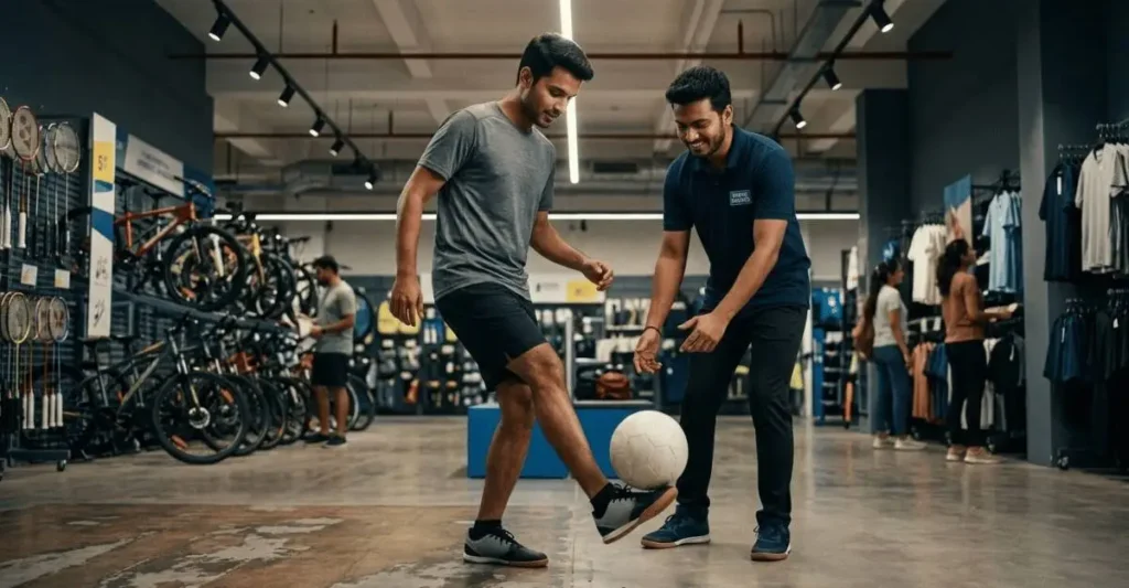 Families enjoying sports activities inside modern Decathlon inspired experience store
