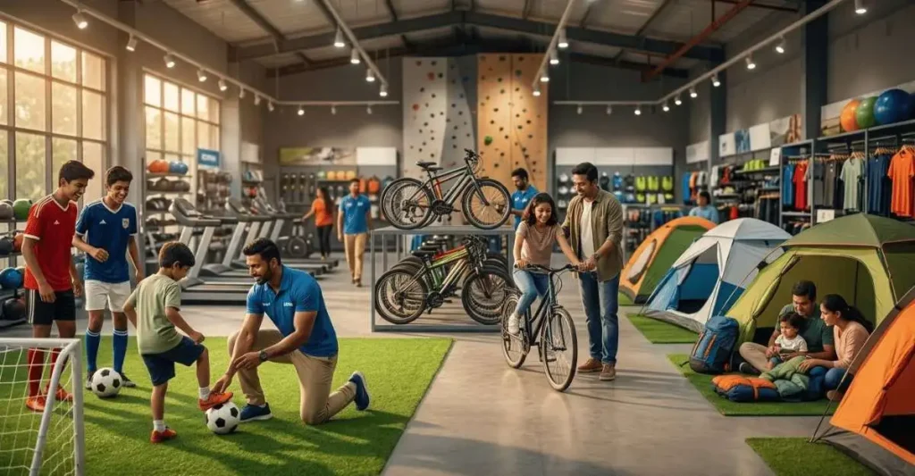 Customers trying sports products inside modern sports retail store