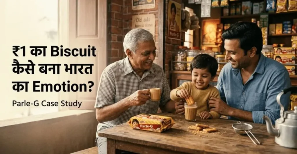 Parle-G biscuit business case study with Indian tea stall and nostalgic branding concept