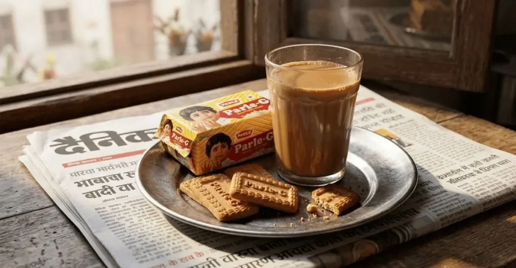 Cutting chai with Parle-G biscuits on steel plate
