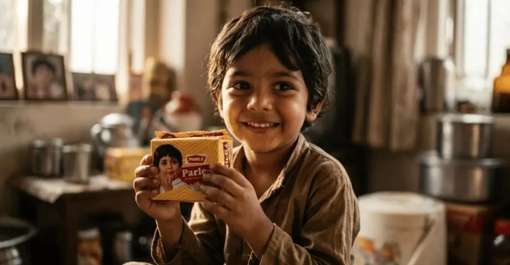 Indian child holding classic Parle-G biscuit packet