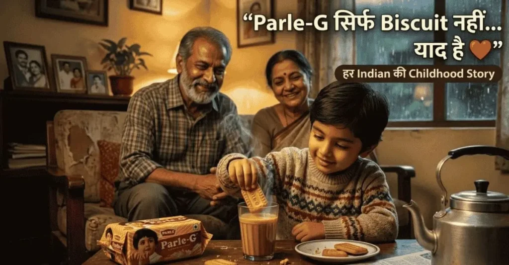 Indian family enjoying tea with Parle-G biscuit showing childhood nostalgia and emotional connection