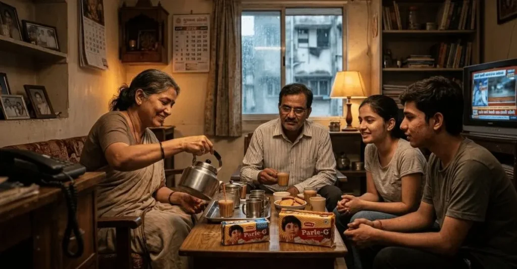 ndian family having tea with Parle-G biscuits