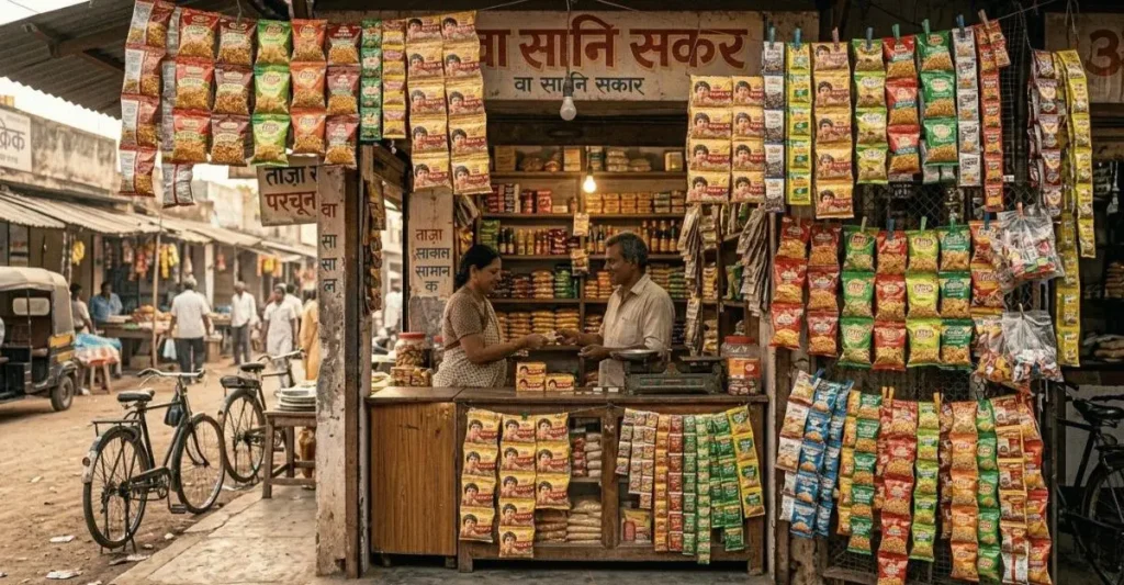 Small snack packets hanging outside Indian kirana shop