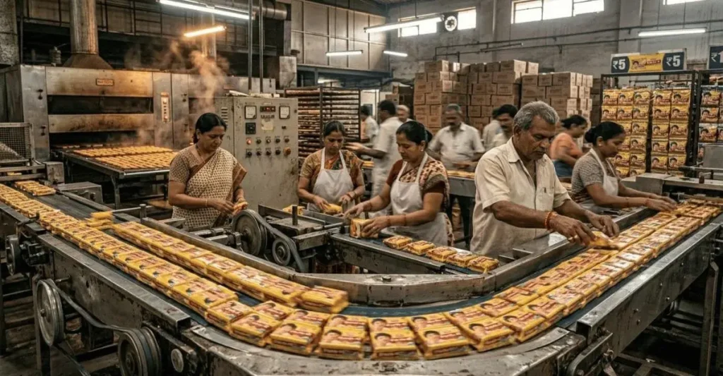 High-volume Parle-G biscuit packet production line