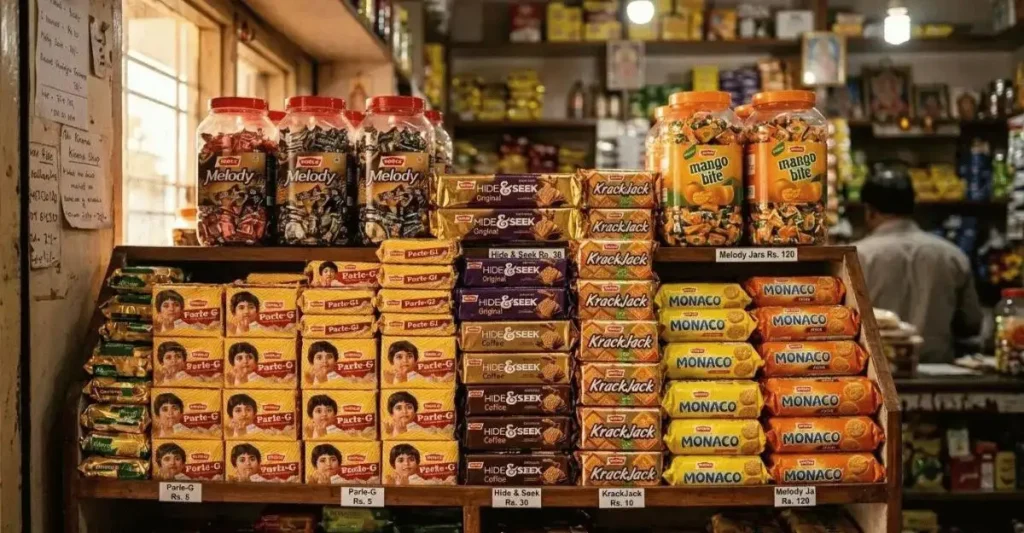 Yellow Parle-G packets standing out on supermarket shelf
