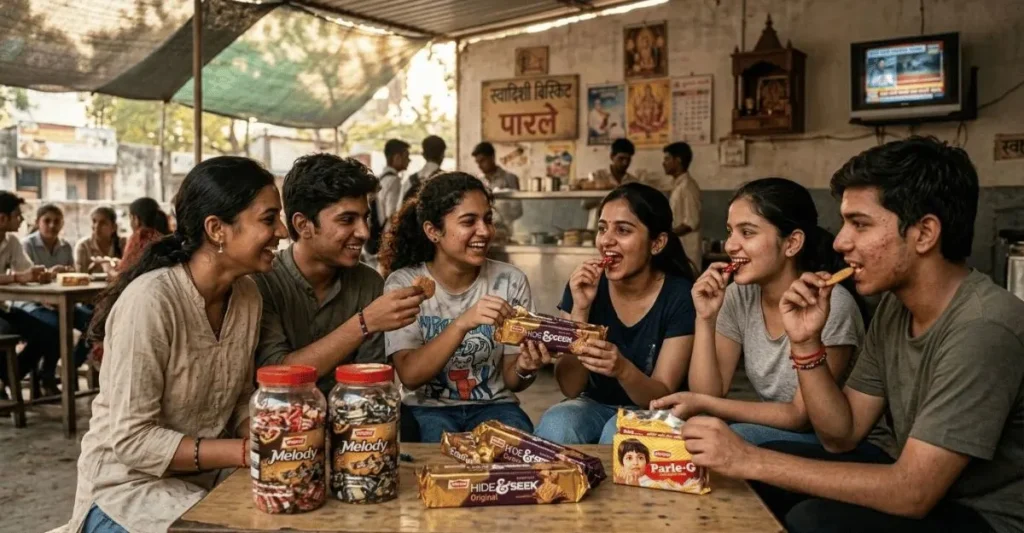 Indian teenagers eating Hide and Seek and Melody snacks
