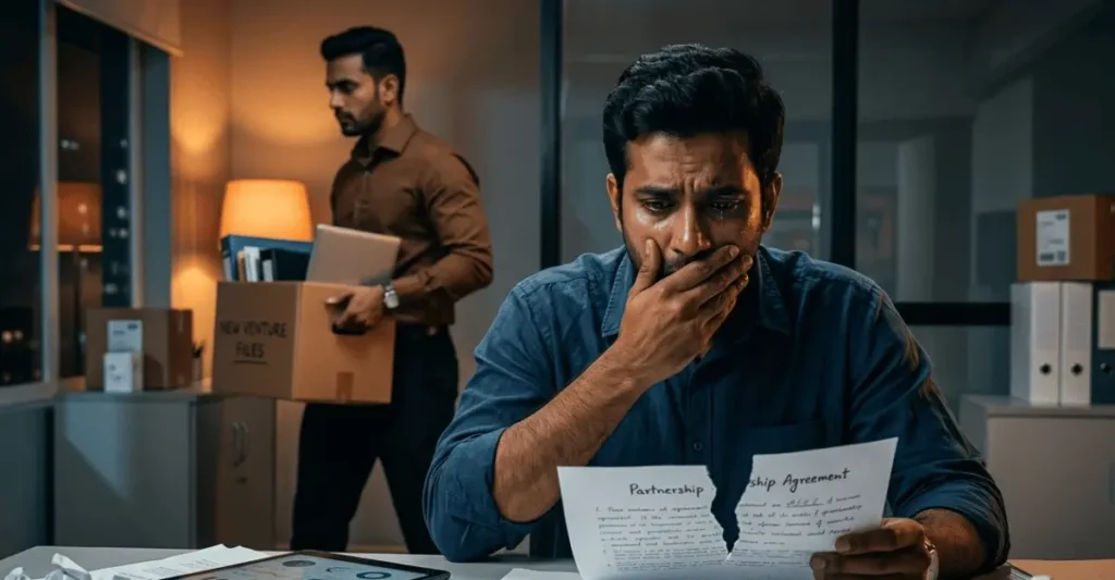 दो बिजनेस पार्टनर ऑफिस में बहस करते हुए, टूटती दोस्ती और बिजनेस नुकसान का दृश्य | Business Partnership Tips