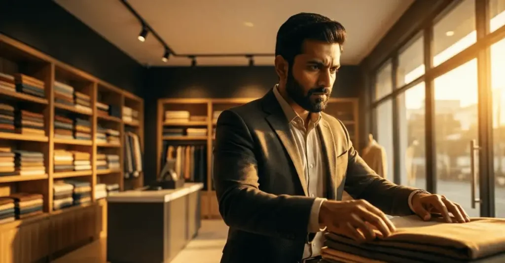 सुबह दुकान में कपड़ों का काम संभालता दुकानदार business tips for shop owners