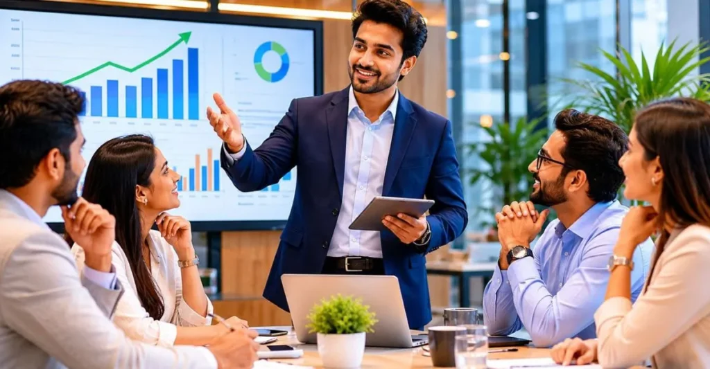 एक salesperson customers को product की value और benefits समझाते हुए