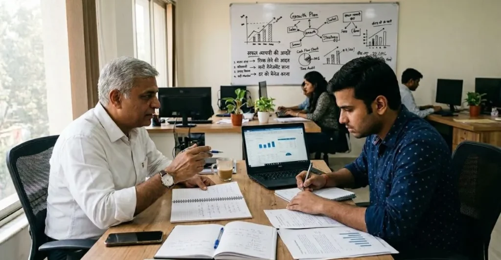 Indian entrepreneur working on laptop and financial papers showing cash flow analysis and business planning concept in real office environment