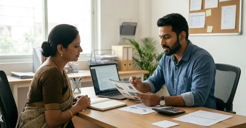 Business owner explaining product to customer in office showing transparency, trust building and customer relationship concept