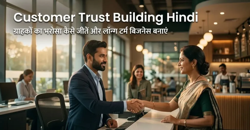 Business owner and customer handshake showing customer trust building and long-term business relationship concept in Hindi