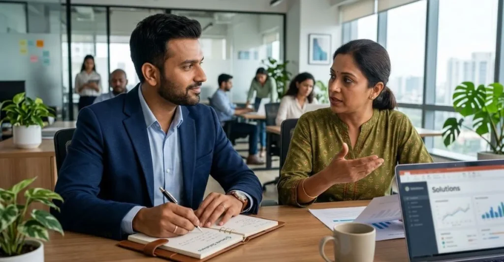 एक entrepreneur customer की समस्या सुनते हुए और समाधान समझाते हुए