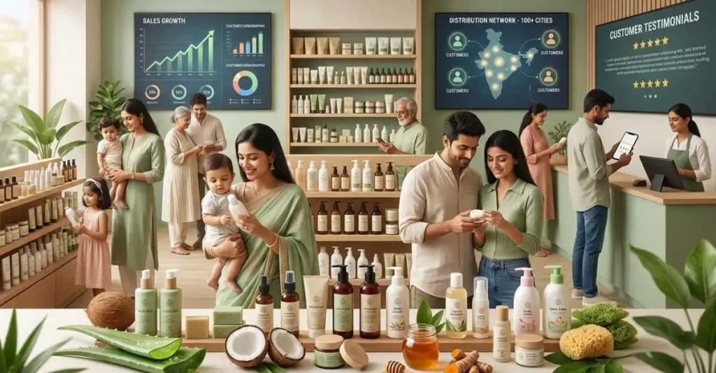 Customers choosing natural personal care products in a modern retail environment representing D2C brand growth and customer trust.