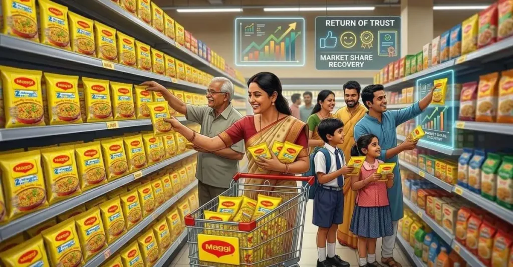 Indian mother serving Maggi noodles to her child, representing Maggi’s successful marketing strategy focused on convenience and family connection.
