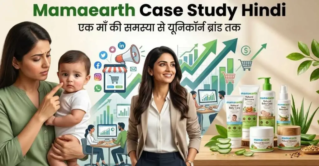 Mamaearth Case Study Hindi feature image showing the startup journey from a mother’s concern to a successful Indian personal care brand.