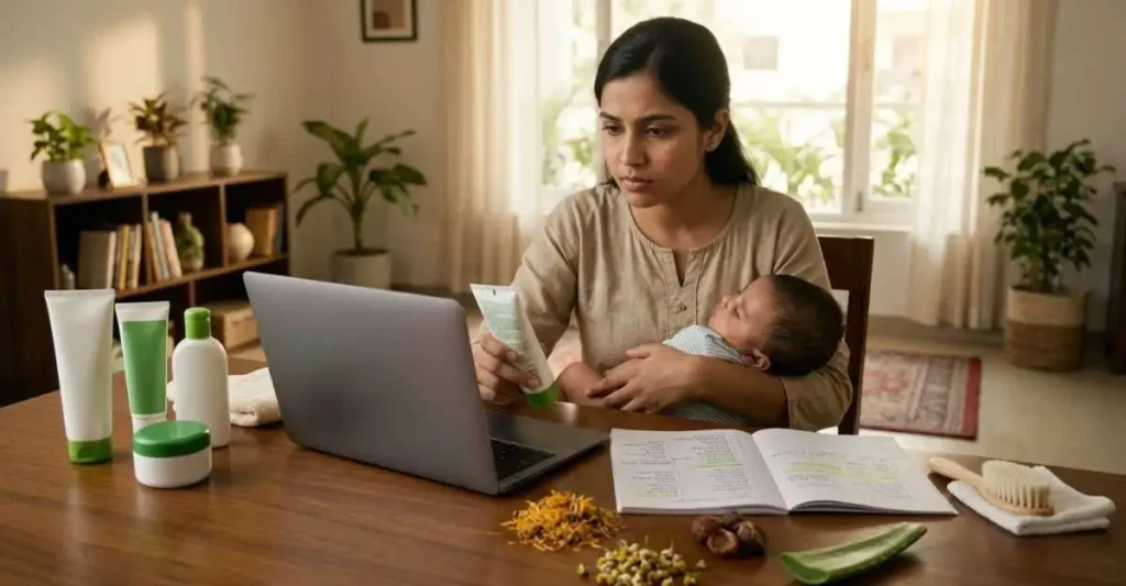 Indian mother researching safe baby care products while searching for a solution that inspired the Mamaearth success story.
