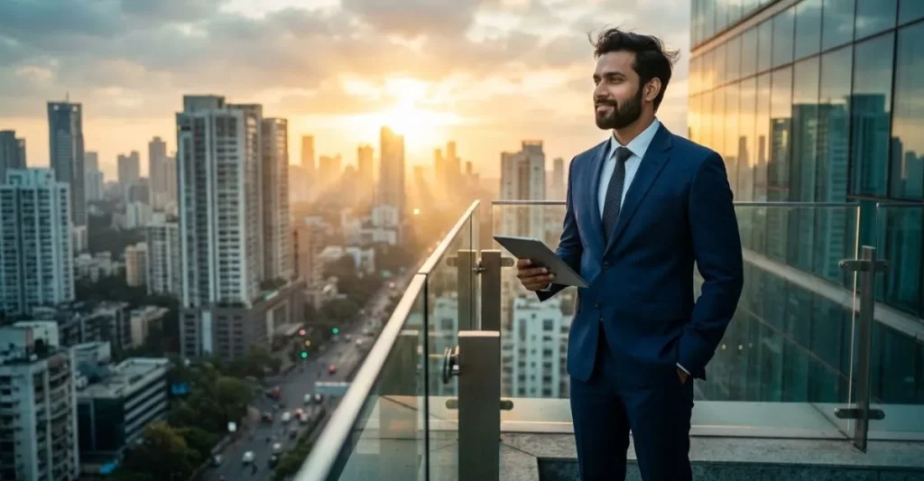 Successful Business Habits in Hindi showing confident entrepreneur mindset, success and business growth concept