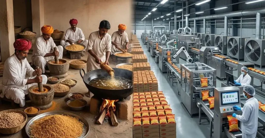 Traditional bhujia production evolving into a modern automated snack manufacturing facility as part of Bikaji’s growth strategy.