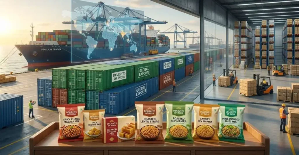 Packaged snack products with export logistics and global distribution networks representing Bikaji business growth and international expansion.
