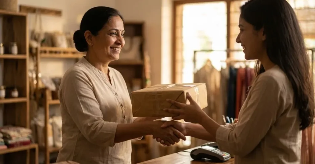 happy customer receiving package from small business owner customer experience