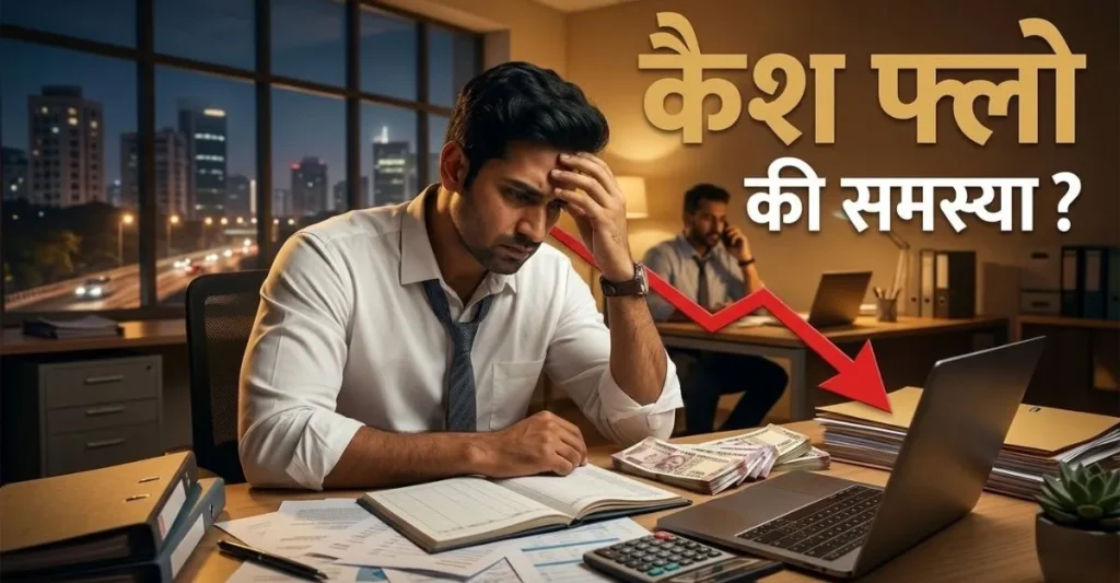 Indian businessman stressed in office analyzing financial documents showing cash flow management problem and business pressure concept