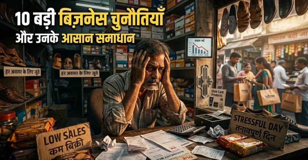 छोटे व्यवसाय में आने वाली मुख्य चुनौतियाँ दर्शाता हुआ दृश्य
