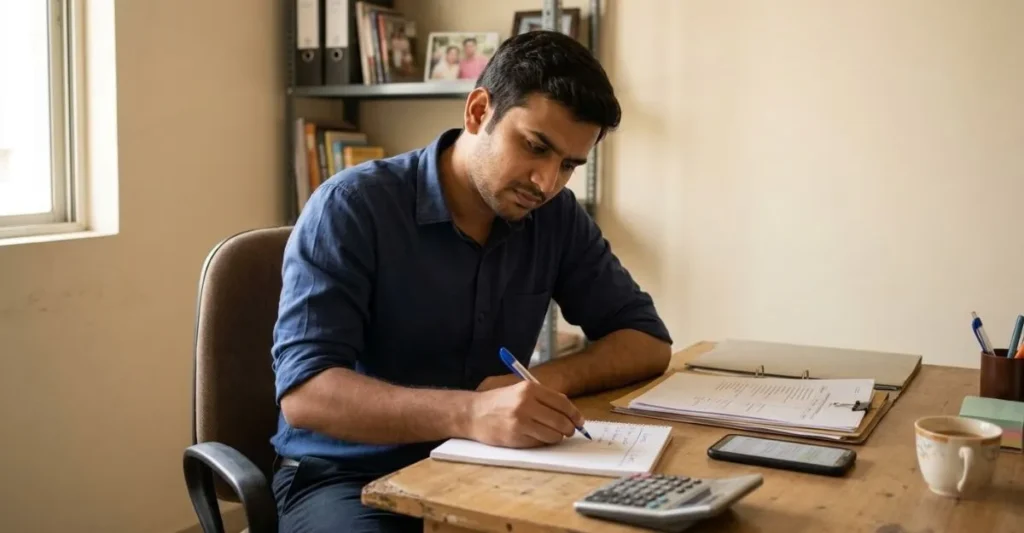 Entrepreneur writing pros and cons list on paper for Business Decision Making Hindi process in simple office environment