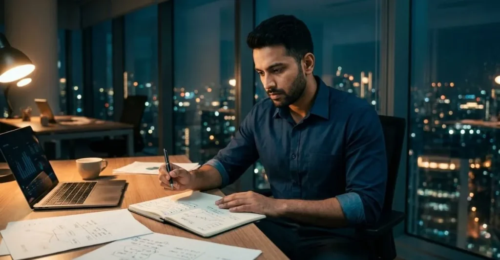 Business owner thinking deeply while making decision in office with notebook and laptop showing Business Decision Making Hindi concept