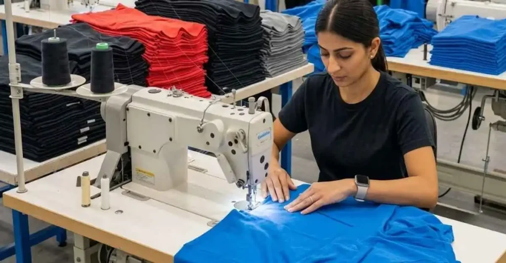 Indian woman stitching clothes on a sewing machine in a boutique and tailoring business