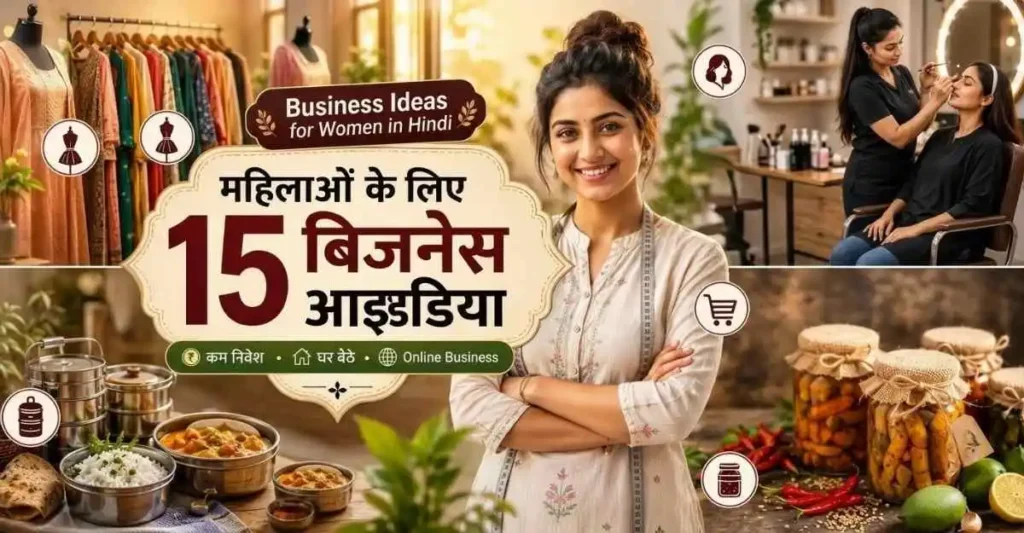 Business Ideas for Women in Hindi featuring Indian women running home bakery, boutique, beauty parlour, online business and packaging business