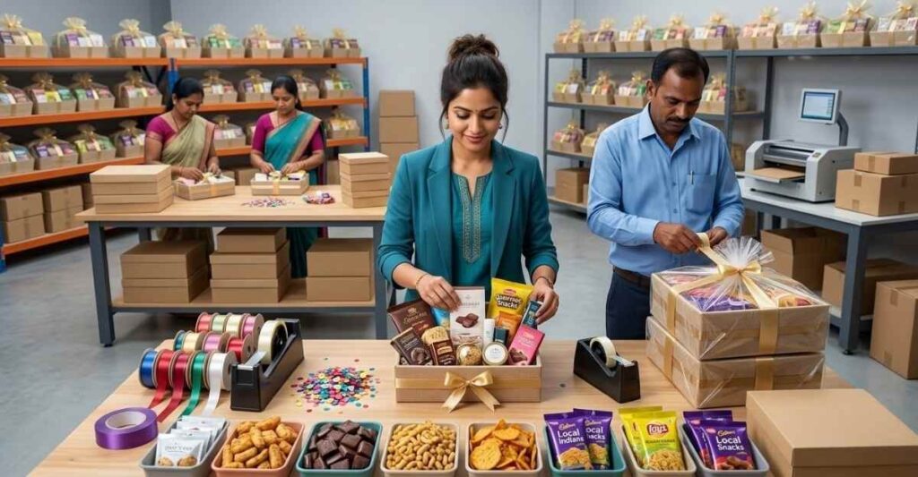 Indian woman preparing attractive gift boxes and festive hampers in a professional packing business