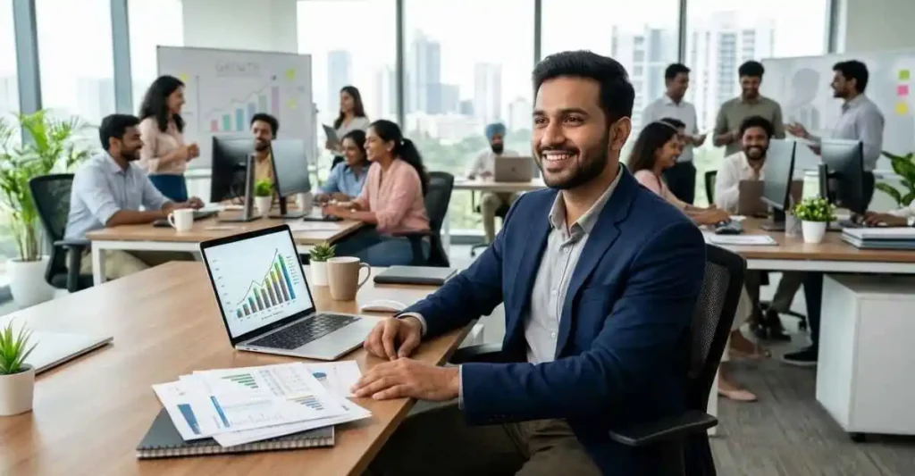 Young Indian entrepreneur achieving business success and growth