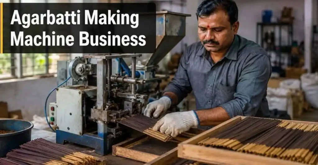 Agarbatti making machine par kaam karta hua Bharatiya entrepreneur aur tayar agarbatti production setup