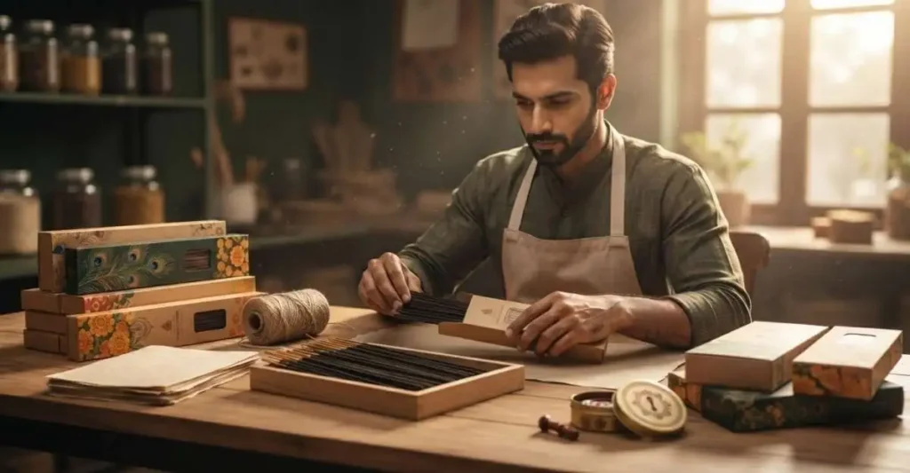 Premium agarbatti packets ki packaging karta hua Bharatiya entrepreneur