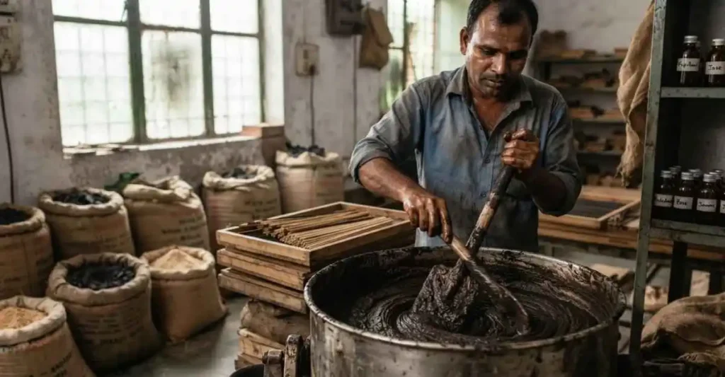 Agarbatti banane ke liye raw material mixture tayar karta hua worker
