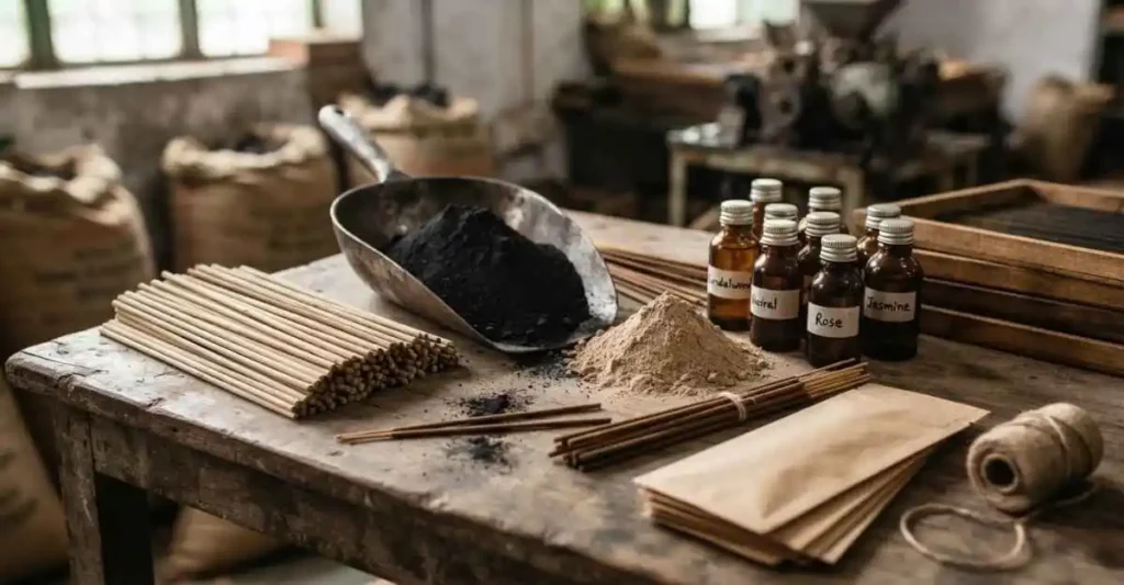 Agarbatti raw material jaise bamboo sticks charcoal powder aur fragrance oil