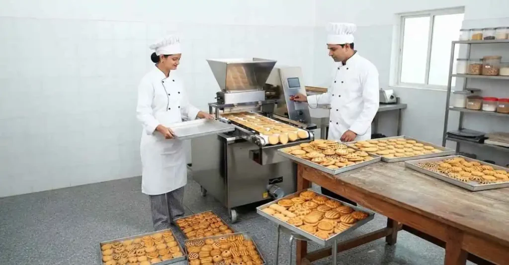 भारतीय बिस्कुट निर्माण फैक्ट्री में मशीनों की मदद से बिस्कुट तैयार करते कर्मचारी
