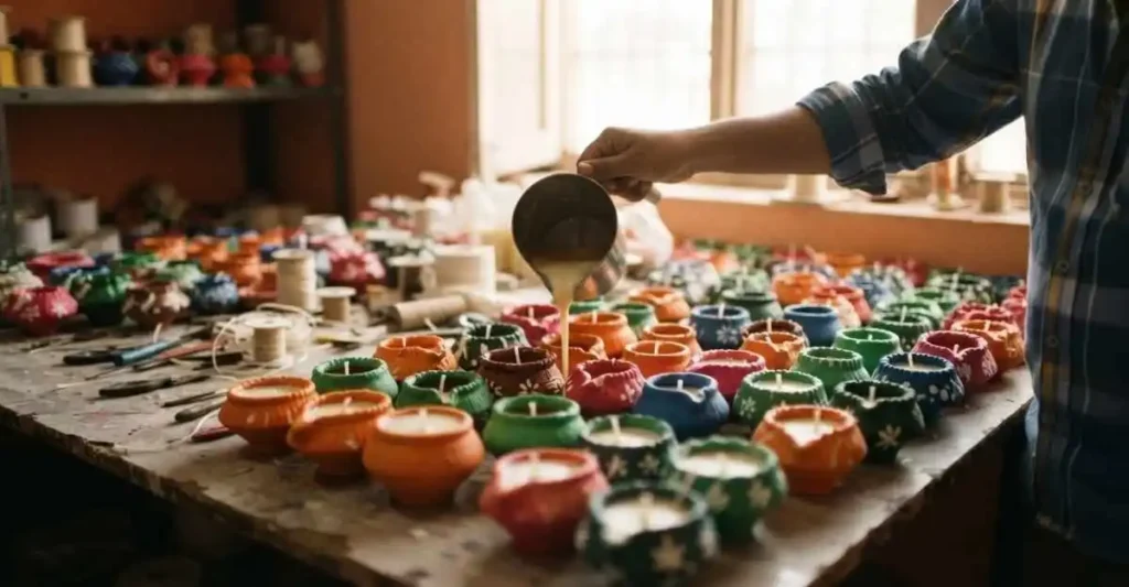 Woman photographing handmade candles for online candle making business