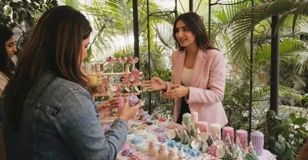 Indian entrepreneur selling handmade decorative candles at an exhibition