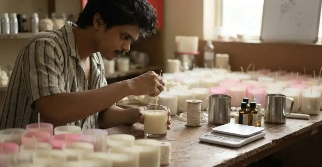 Indian entrepreneur making scented candles with wax and fragrance oils
