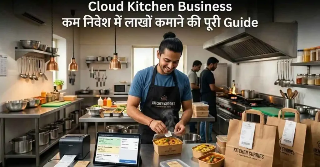 Cloud Kitchen Business शुरू करने की पूरी गाइड दिखाती आधुनिक भारतीय क्लाउड किचन और फूड पैकेजिंग
