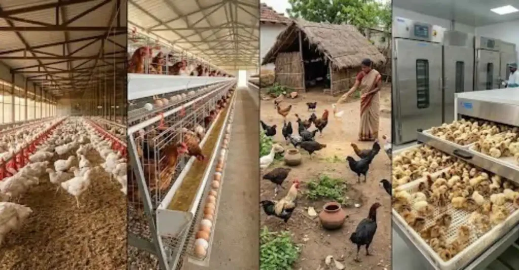 भारत के आधुनिक पोल्ट्री फार्म में स्वस्थ ब्रॉयलर मुर्गियां और ऑटोमैटिक फीडिंग सिस्टम
